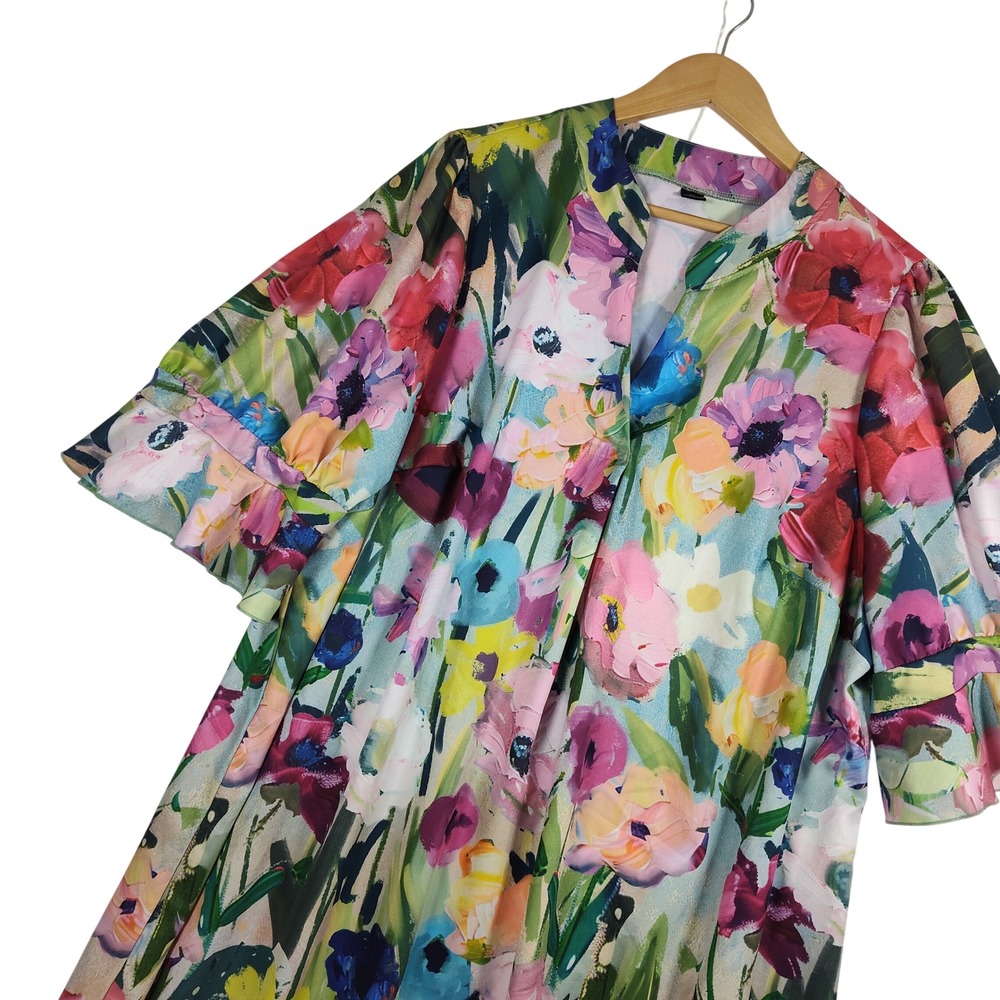 SHEIN Women 4XL Floral Puff Sleeve Shift Dress Multi Color Painterly Print Mini